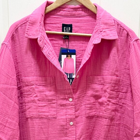 Gap Women's 100% Cotton Gauze Tunic Top Size L Pink Oversized Boho Casual (NEW) - Picture 4 of 13